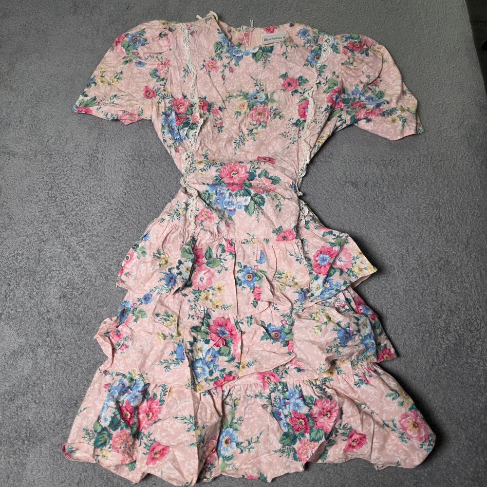 Brandywine Creek Womens 15/16 Dress Pink Floral Tiered Ruffle Lace Trim 2751